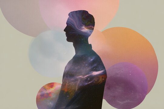 Human silhouette filled with swirling galaxy and pastel orbital shapes retro futurism collage background for poster and editorial design