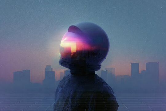 Retro synthwave astronaut helmet reflecting a neon skyline at dusk for futuristic poster and background design
