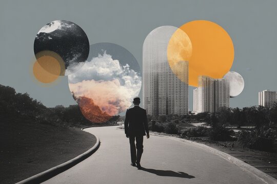 Retro future silhouette of man walking toward geometric cityscape with circular overlays for mid century modern poster or banner design