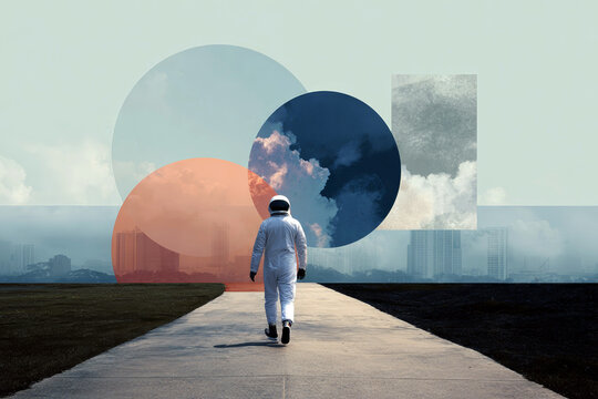 Astronaut walking toward retro future city with geometric circle background for poster banner and wallpaper design