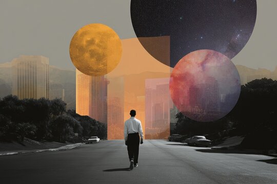 Retro futuristic city scene with solitary astronaut walking toward midcentury modern skyline and oversized planetary shapes for surreal background and banner design