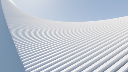 Abstract 3D render of white curved parametric lines forming a wavy architectural structure against a blue sky. Minimalist modern design © ilham