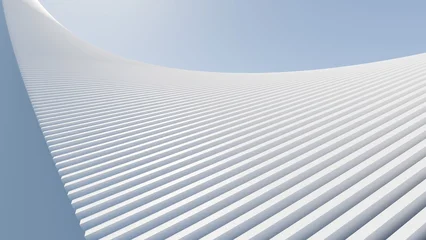 Fotobehang Kunst Abstract 3D render of white curved parametric lines forming a wavy architectural structure against a blue sky. Minimalist modern design  © ilham