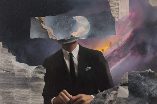 Surreal collage book cover of a suited space explorer with torn paper moons and cosmic landscape for fantasy design
