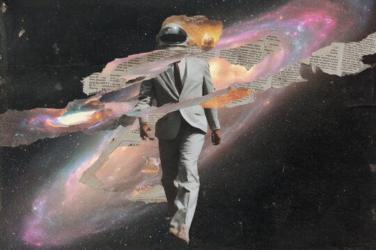 Space explorer in retro suit walking through torn cosmic collage for fantasy book cover background and poster design