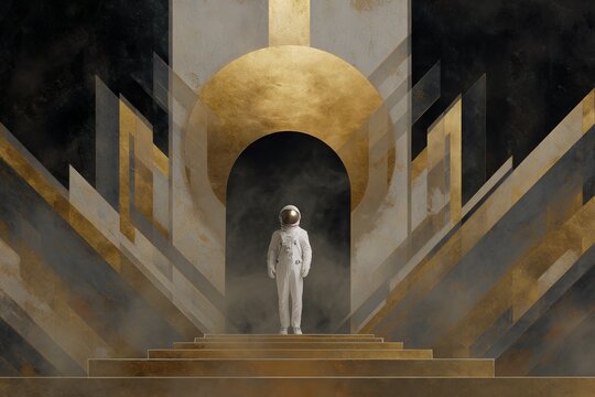 Art deco cosmic monument with astronaut in spacesuit on ornate geometric steps for dramatic poster background and banner design