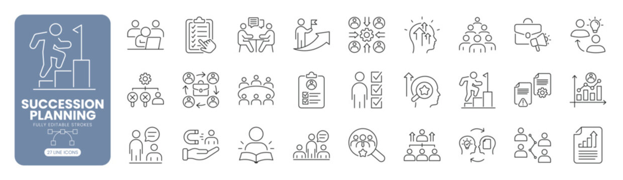 Succession planning, leadership development and career progression line icon set with talent management, human resources, mentoring, corporate hierarchy and employee training concepts. Editable stroke