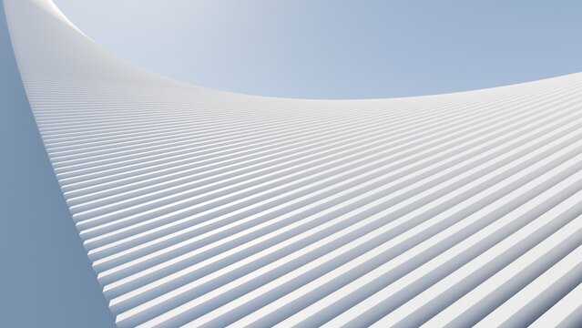 Abstract 3D render of white curved parametric lines forming a wavy architectural structure against a blue sky. Minimalist modern design
