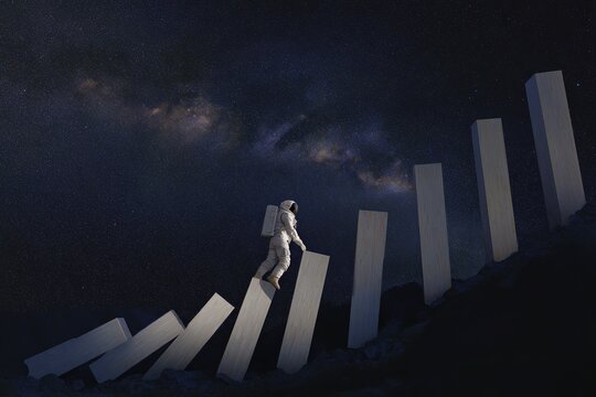 Spacesuit climber ascending giant domino columns under the milky way for surreal space background and poster design