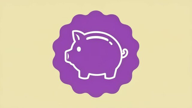 Animated piggy bank icon with coin dropping inside purple badge and retro sunburst background