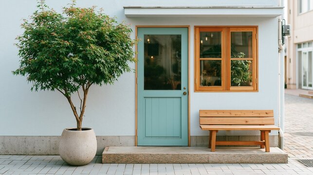 Small charming cafe entrance with light blue wall and teal wooden door