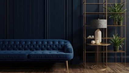 Obraz premium Blue tufted sofa and gold accent table in modern interior