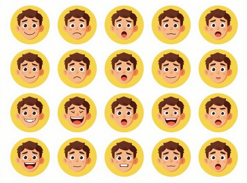 Set of cartoon boy faces showing various emotions like happy, sad, surprised, angry, and tired. Collection of diverse male facial expressions and feelings. Young man avatar with different moods.