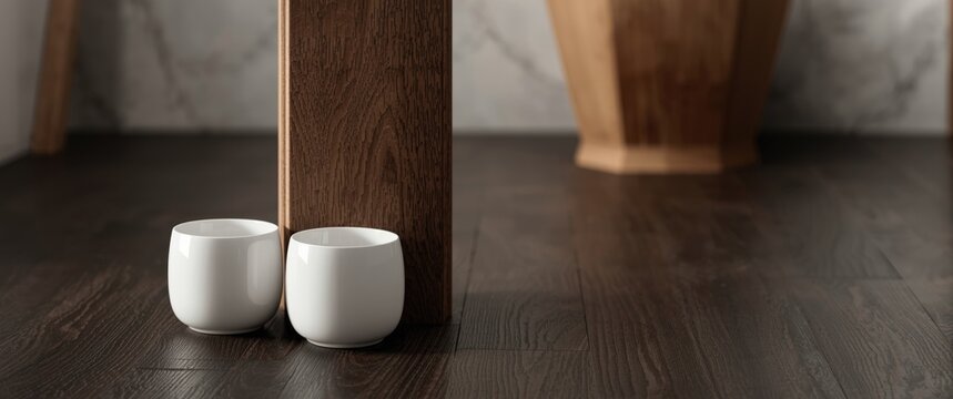 White ceramic drinkware placed adjacent to a wooden post in a bathroom with sleek hardwood flooring and plywood toilet