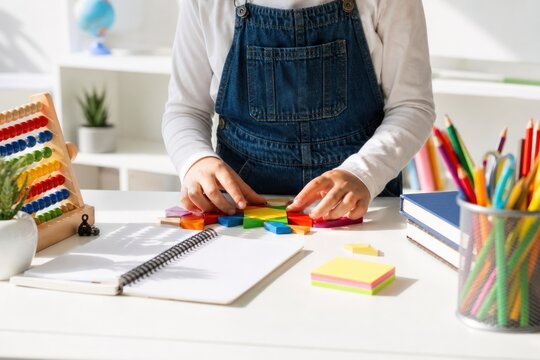 Child hands arranging colorful wooden geometric blocks on white desk in bright classroom, developing cognitive skills and creativity through play