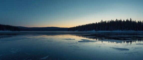 Obraz premium Frozen lake at dawn with snowy forest reflections