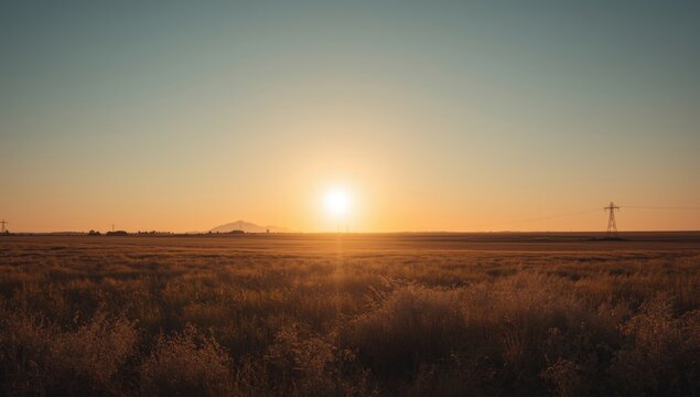 Sunset over a golden field with distant mountains and power lines