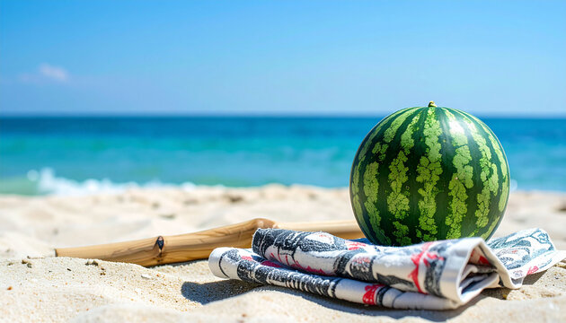 砂浜に置かれたスイカとタオル　青い海と空が広がる夏のビーチの風景　避暑地での休暇や夏休みをイメージした背景素材　コピースペースのある明るく開放的なバナー用写真素材