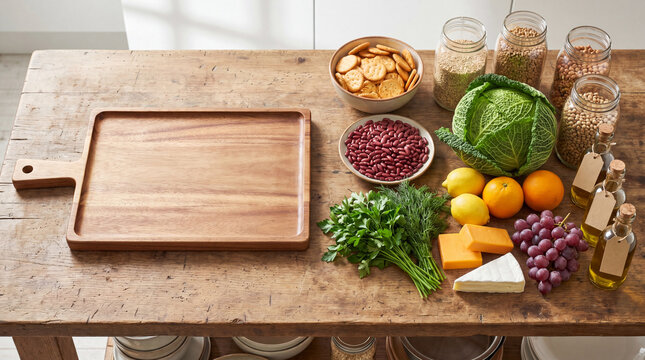Budget pantry party ingredients with empty wooden board
