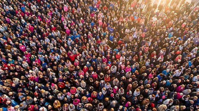 overhead view of large crowd of diverse people gathering outdoors in urban plaza during sunny day with warm sunlight casting long shadows across the tightly packed group.