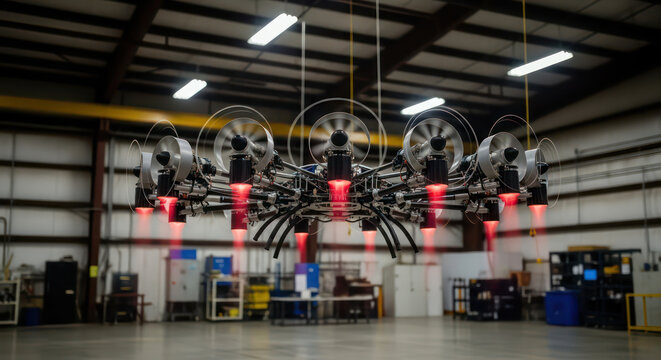 Hanging Drone with Spinning Propellers and Red Lights