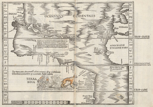 Oceanus occidentalis medieval map in latin language. Antique world cartography