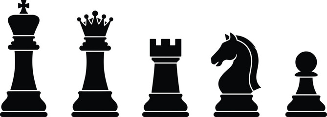 Black chess pieces on white background, king, queen, rook, knight, pawn silhouette © Md