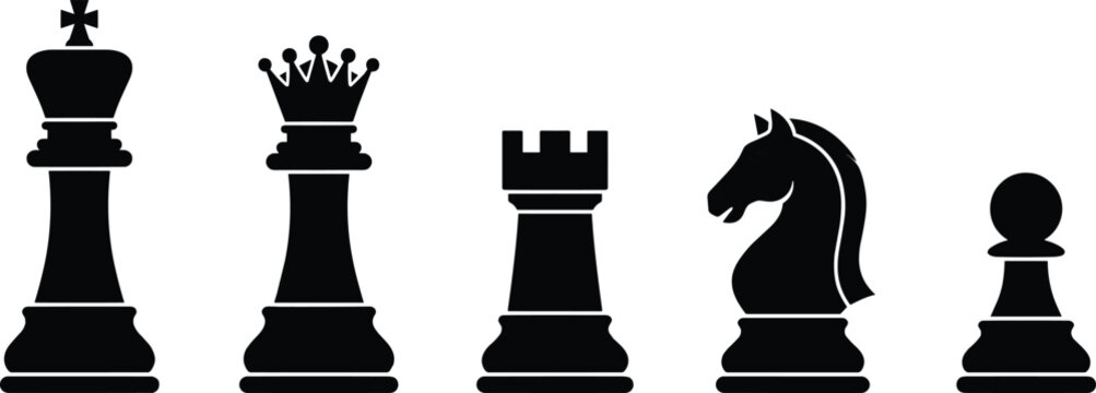 Black chess pieces on white background, king, queen, rook, knight, pawn silhouette