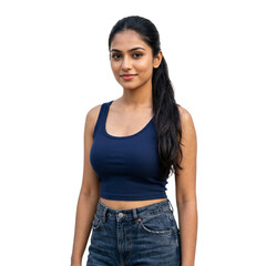 Fototapeta premium Beautiful Young South Asian Indian Woman in Blue Tank Top and Jeans Smiling Confidently, Isolated Cutout on Transparent Background