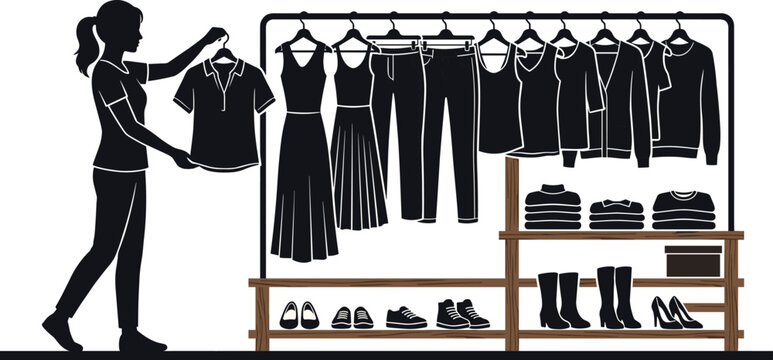 Woman selecting clothing from a rack with hanging shirts, dresses, pants, and jacket, with shoes and folded on shelves