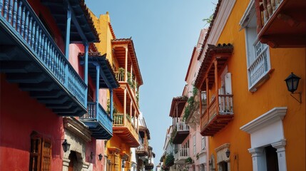 Fototapeta premium Colorful colonial architecture with vibrant balconies in historic city center