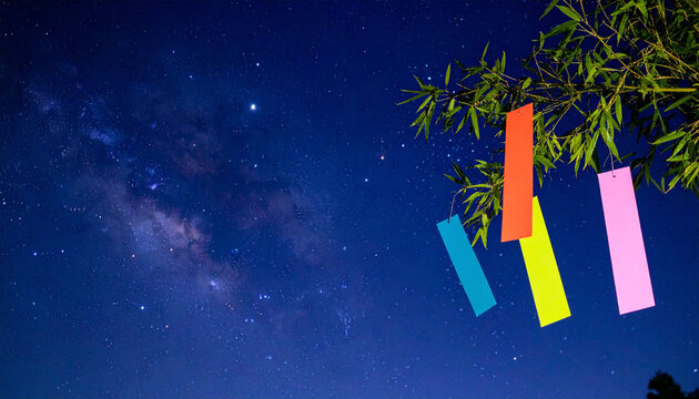 七夕の笹の葉と色とりどりの短冊が揺れる満天の星空の背景　夏の夜空と天の川のフォト素材　願い事の短冊と竹の枝　文字入れ用コピースペースがある七夕祭りのイベント用イメージ素材