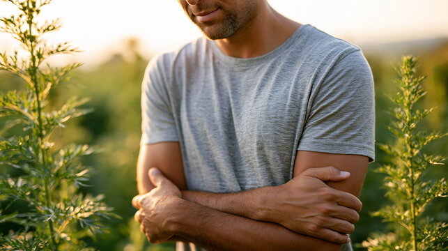 Faceless man scratching his arms while standing in a ragweed field during a late summer afternoon, allergy skin irritation, seasonal allergen reaction, with copy space