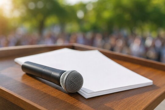 Microphone and blank white papers on wooden podium at outdoor public speaking event with blurred crowd in background