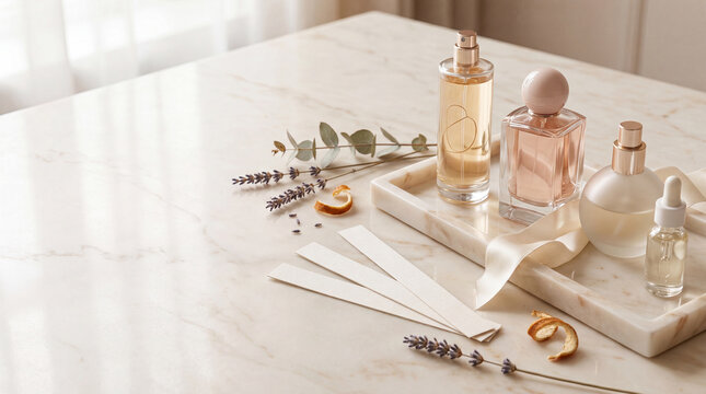 Layered fragrance ritual with blank perfume bottles on marble vanity