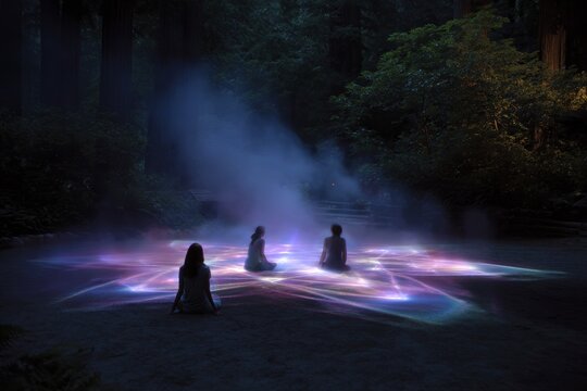 Three women meditating in a glowing mystical circle at night in a dense forest for ritual background and spiritual banner design for meditation and ceremony