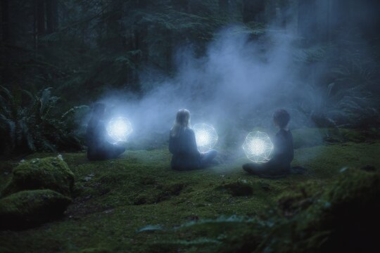Mystic sisterhood in mossy forest holding glowing geometric spheres for atmospheric background and spiritual poster design
