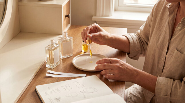 Person mixing perfume oils at home vanity with blotter strips
