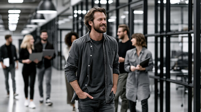 Business team modern office open plan corridor casual clothing teamwork collaboration smiling man walking startup culture diverse staff creative agency glass wall coworking space workgroup