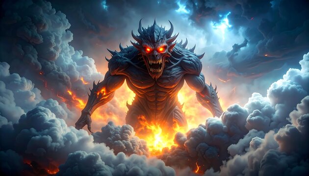 A monstrous figure with glowing red eyes emerges from fiery clouds