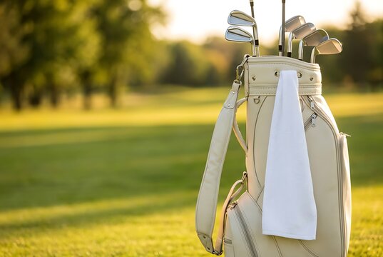 Cream golf bag full of clubs and a white towel, set on vibrant green golf course under warm sunset light, soft focus background with trees, perfect for outdoor sports.