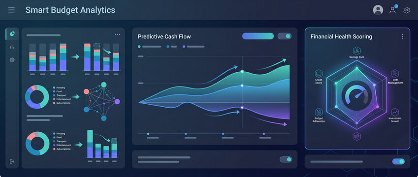 Smart Budget Analytics dashboard displaying AI-powered spending optimization, predictive cash flow insights, and financial health monitoring in modern fintech SaaS interface. copy space
