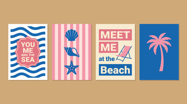 Set of retro summer beach posters with palm tree seashell starfish deck chair and typographic vacation quotes