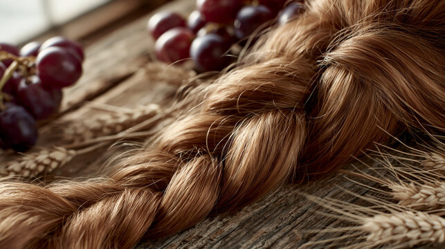 Close-up of a blonde hair braid with ripe red grapes and wheat ears on a rustic wooden table