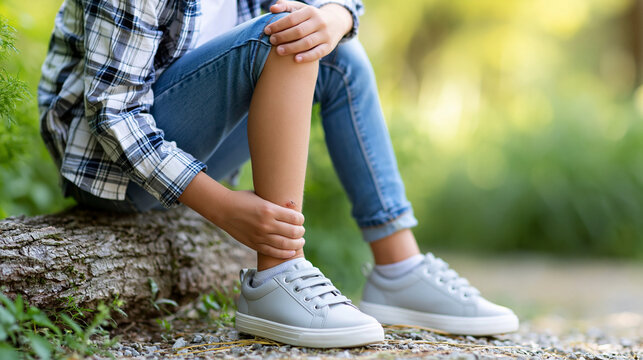 Close-up of a child scratching a swollen mosquito bite on their leg during summer, skin irritation and insect bite allergy concept, with copy space