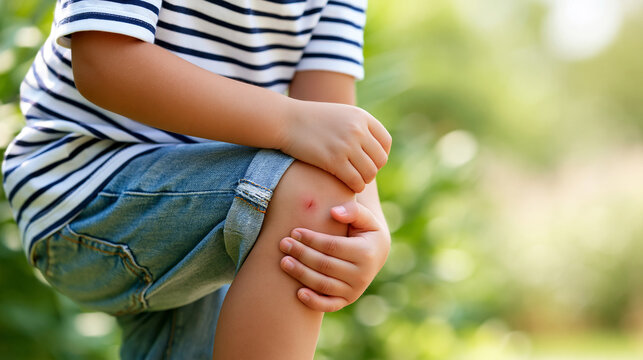Close-up of a child scratching a swollen mosquito bite on their leg during summer, skin irritation and insect bite allergy concept, with copy space