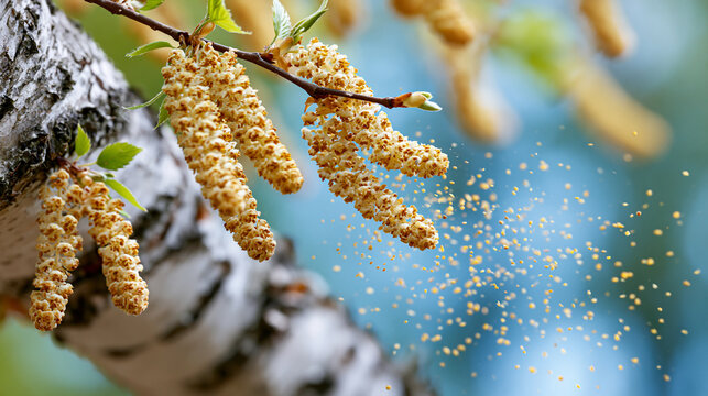 Close-up of birch catkins and textured bark releasing pollen, spring allergy botanical background, nature design detail, with copy space