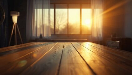 Fototapeta premium Modern indoor renovation with wooden table focus and bright window enhancing warm lighting vibes
