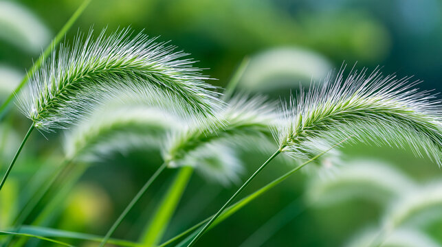 Close-up of soft, fluffy foxtail grass swaying against a blurred green spring backdrop, hay fever awareness, tranquil meadow macro nature photography, with copy space