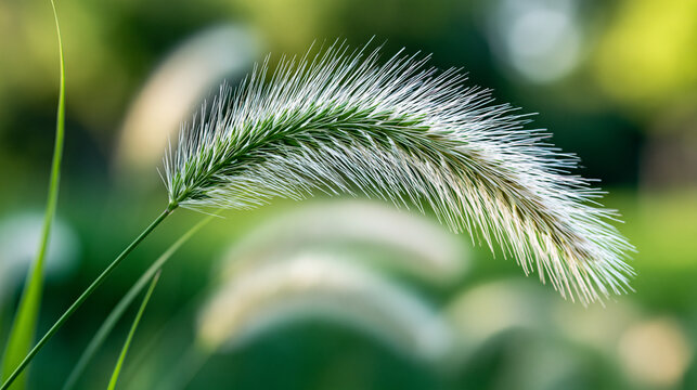 Close-up of soft, fluffy foxtail grass swaying against a blurred green spring backdrop, hay fever awareness, tranquil meadow macro nature photography, with copy space
